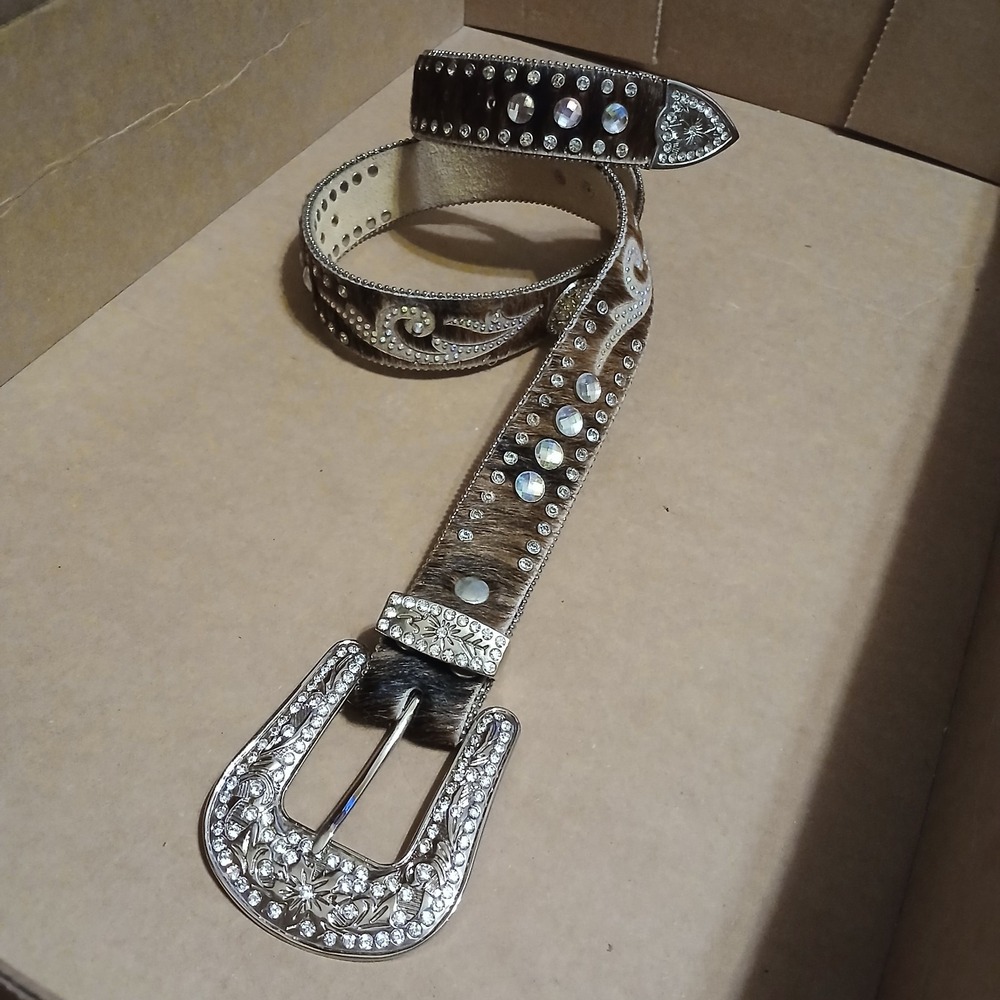 Nocona Women Hair-on Crystal Swirl Rhinestone Cowboy Belt 37" Brown Black - Picture 2 of 6